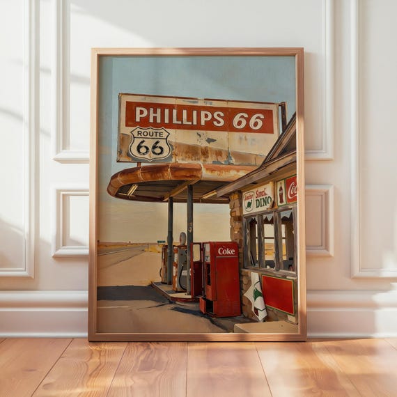Route 66 Vintage Print | Phillips 66 Gas Station Poster | Classic Road Trip Decor