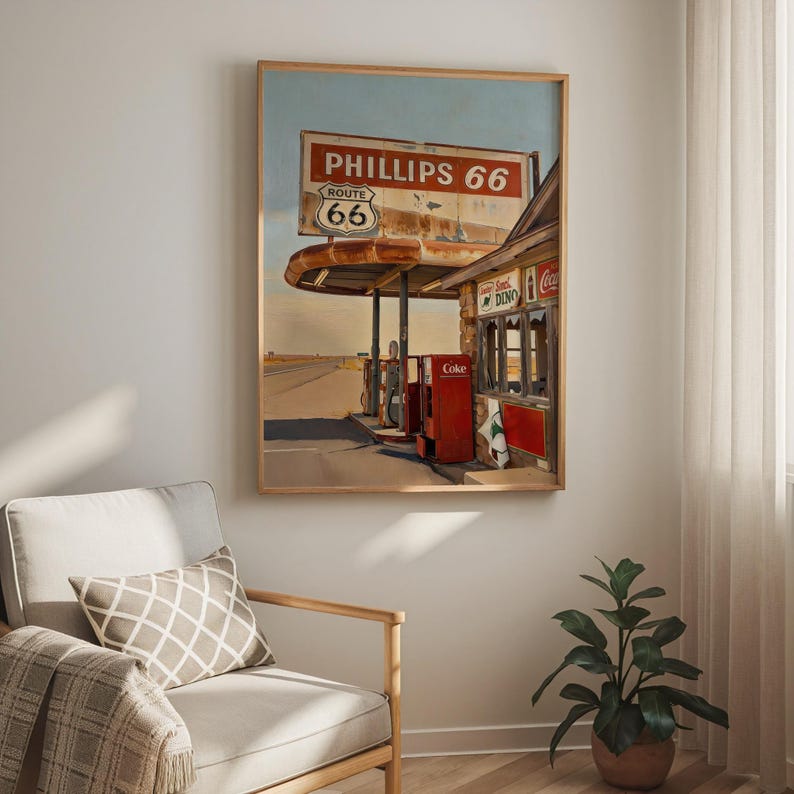 Route 66 Vintage Print | Phillips 66 Gas Station Poster | Classic Road Trip Decor image 5