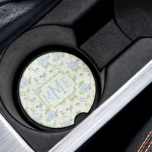 Monogram Blue Hydrangea Car Coasters: Personalized Sandstone Auto Accessories, 16th Birthday