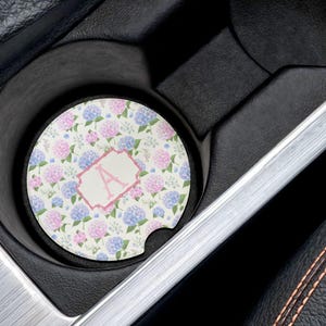 Monogram Pink and Blue Hydrangea Car Coasters: Personalized Sandstone Auto Accessories, 16th Birthday