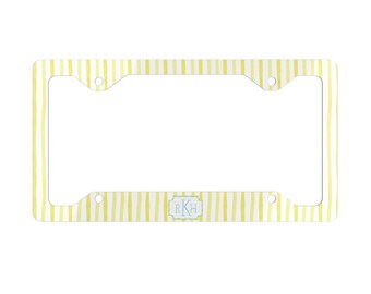 Monogram Yellow Stripe License Plate Frame: Personalized Car Decor, Preppy Initials, 16th Birthday
