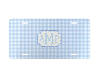 Monogram  Blue Check License Plate: Personalized Car Decor, Sweet 16th Birthday