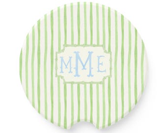 Monogram Green Stripe Car Coasters: Sandstone Personalized Auto Accessories