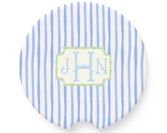 Monogram Blue Stripe Car Coasters, 16th Birthday