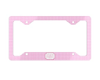 Monogram Pink Check License Plate Frame: Personalized Car Decor, Preppy Initials, 16th Birthday