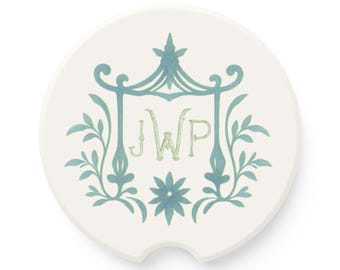 Monogram Watercolor Blue Chinoiserie Car Coasters: Personalized Sandstone Auto Accessories, Sweet 16