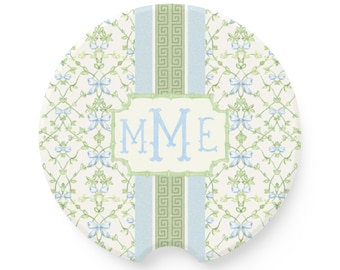 Monogram Blue Bows Car Coasters: Personalized Sandstone Auto Accessories, 16th Birthday