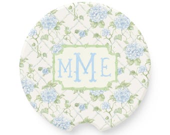 Monogram Blue Hydrangea Car Coasters: Personalized Sandstone Auto Accessories, 16th Birthday