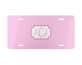 Monogram Pink Check License Plate: Personalized Car Decor, Sweet 16th Birthday!