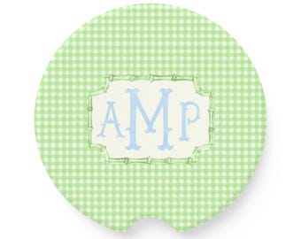 Monogram Green Check Car Coasters: Personalized Sandstone Auto Accessories, 16th Birthday