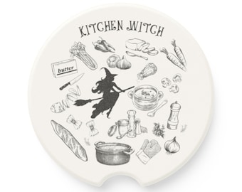 Kitchen Witch Car Coasters: Personalized Sandstone Auto Accessories, 16th Birthday, Halloween Decorations