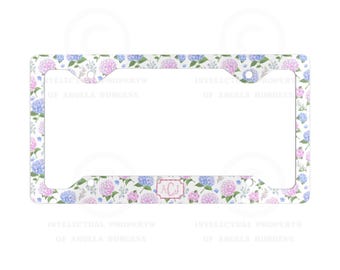 Monogram Blue and Pink Hydrangea License Plate Frame: Personalized Floral Car Decor, Monogram Initials, 16th Birthday