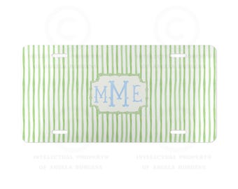 Monogram Green Stripe License Plate: Personalized Floral Car Decor