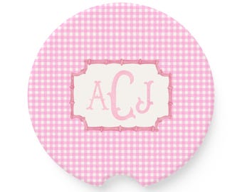 Monogram Pink Check Car Coasters: Personalized Sandstone Auto Accessories, 16th Birthday