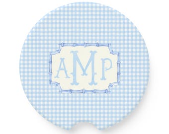 Monogram Blue Check Car Coasters: Personalized Sandstone Auto Accessories, 16th Birthday