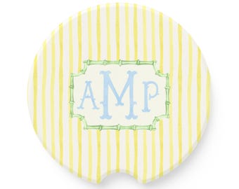 Monogram Yellow Stripe Car Coasters: Personalized Sandstone Auto Accessories, 16th Birthday