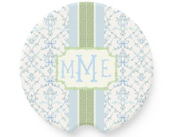 Monogram Blue Bows Car Coasters: Personalized Sandstone Auto Accessories, 16th Birthday