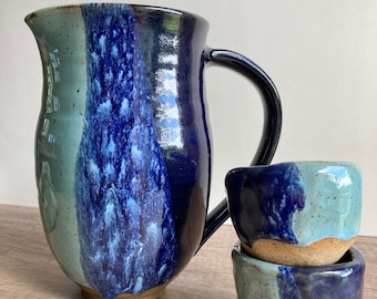 Blue Rush Pitcher and Pinch Pot set