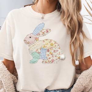 Comfort Colors® Faux Patchwork Easter Shirt, Retro Bunny Tee, Grandmacore Easter Gift, Floral Faux Quilted Bunny Shirt, Aesthetic Spring Top