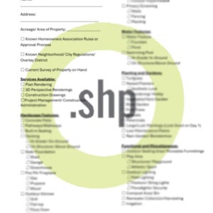 以下が含まれることがあります： 「Residential Landscape Design Checklist」と題された白いチェックリスト。名前、住所、物件の詳細に関するセクションがあります。サービスと機能のチェックボックスが含まれています。".shp"の文字が入った大きな緑色の円が中央にあります。