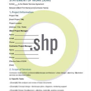 以下が含まれることがあります： 「STATEMENT OF WORK (SOW)」というタイトルのドキュメントで、薄緑色の円形デザイン要素があります。プロジェクト情報、クライアントの詳細、サービスの範囲に関するセクションが含まれています。「shp Site Design」というテキストが一番下にあります。