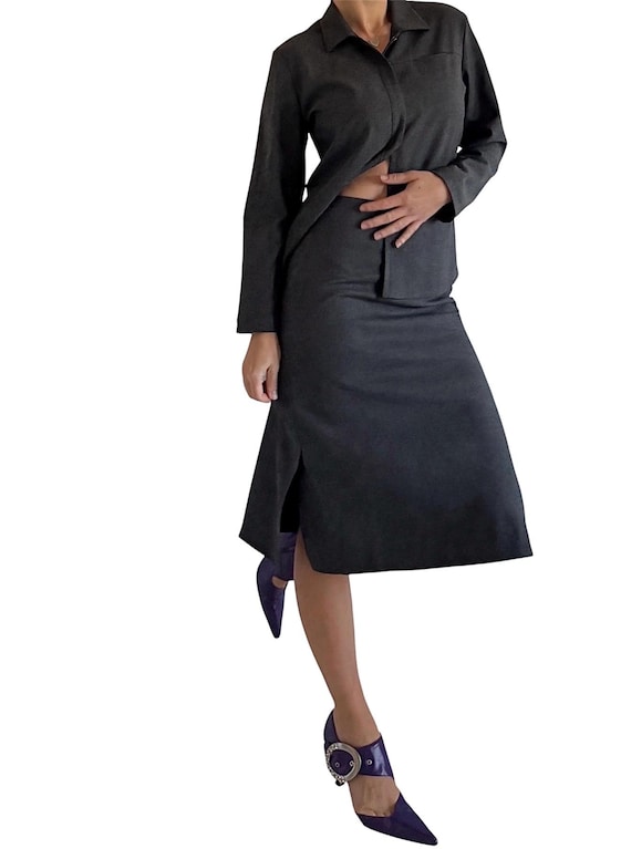 Banana Republic, Vintage Banana Republic Wool 2-Piece Set | Made in Italy Dark Charcoal Gray Shirt + Midi Skirt | Y2K Minimalis