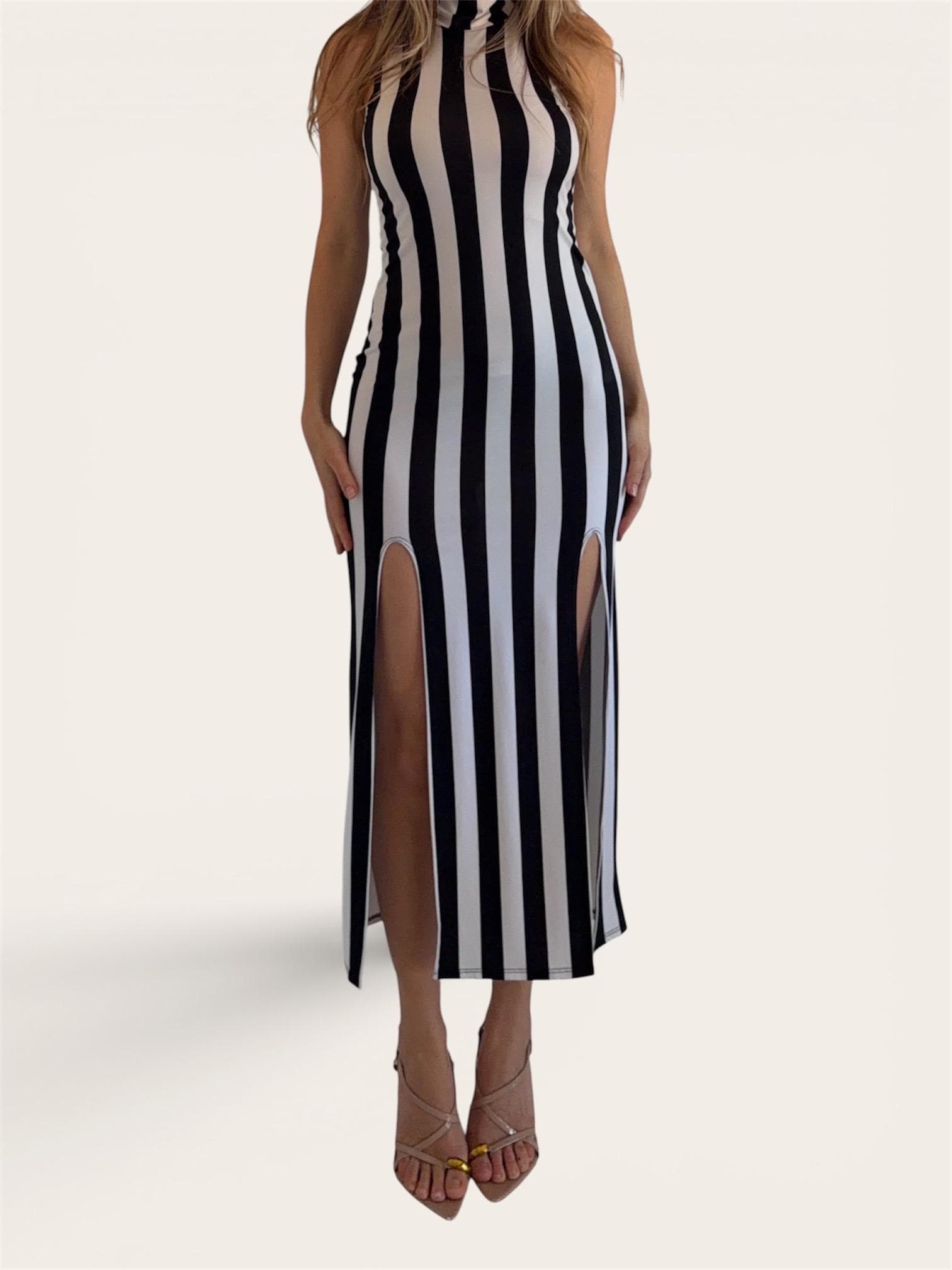 chinese dress ladies Black & White Striped Maxi Shirt Dress - All Dresses main image 1