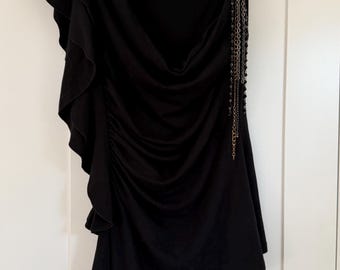 Vintage XOXO Black Asymmetric Top: Cascading Ruffles, Chain Detail, Y2K Style
