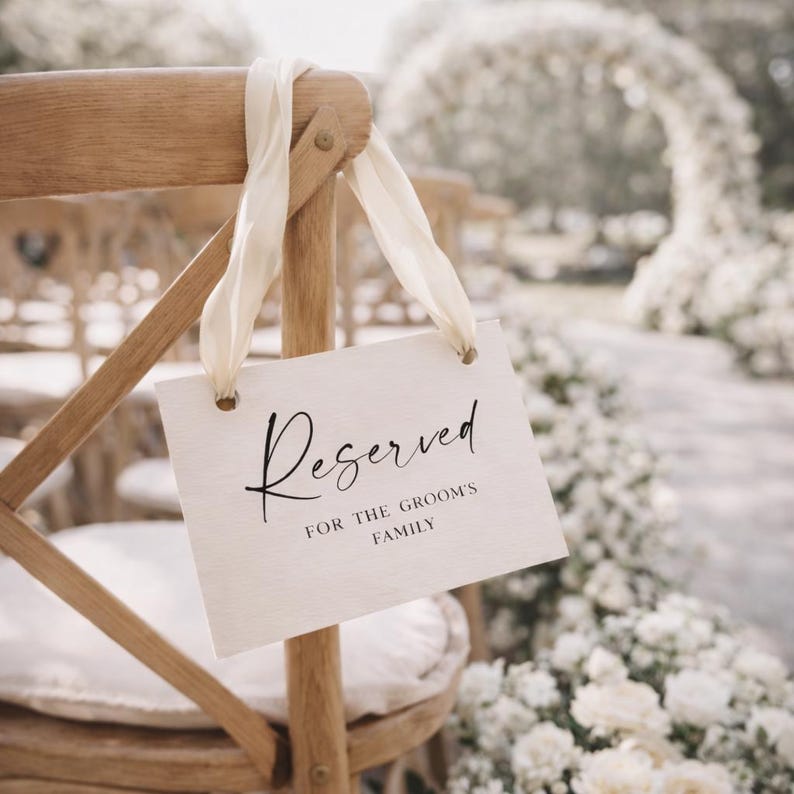 Ivory Reserved Wedding Chair Sign, 5x7 Elegant Seating Tag with Silk Ribbons