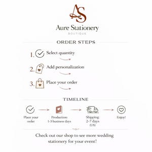 May include: An informational graphic for Aure Stationery Boutique detailing order steps and a timeline. The text includes Order Steps, Select quantity, Add personalization, Place your order, Timeline, and Check out our shop to see more wedding stationery.