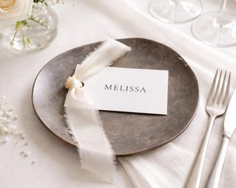 Ivory Wedding Place Cards with Silk Ribbons, Custom Name Tags (3.5 x 2 inch)