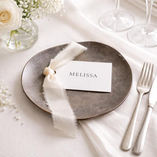 Ivory Wedding Place Cards with Silk Ribbons, Custom Name Tags (3.5 x 2 inch)