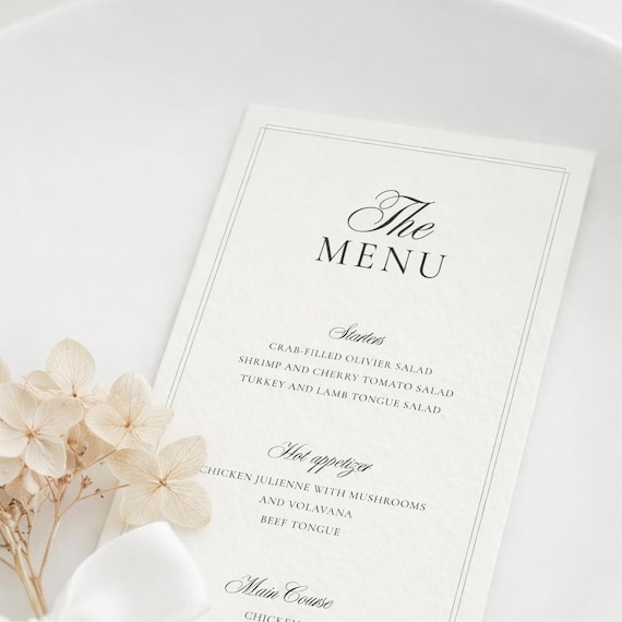 Wedding Menu Cards 3,5 х 7,5 inches, Dinner Food Menu Card, Printed
