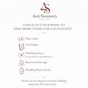 May include: A white informational graphic for Aure Stationery Boutique featuring a brown logo and text. It lists event items including place cards, vow books, wedding letters, a reserved chair sign, and wedding mirror decals with small icons.