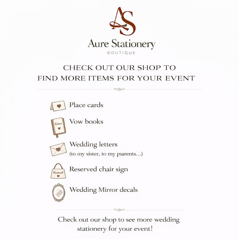 May include: A white informational graphic for Aure Stationery Boutique featuring a brown logo and text. It lists event items including place cards, vow books, wedding letters, a reserved chair sign, and wedding mirror decals with small icons.