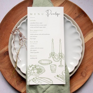 May include: A vertical white paper menu card with black and olive green text and line art illustrations. The menu features the name Penelope at the top, followed by sections for salads, hot appetizers, hot dishes, and dessert with food items listed.