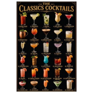 Op de afbeelding: Een zwarte poster met de titel THE CLASSICS COCKTAILS met 30 genummerde illustraties van diverse cocktails in hun respectievelijke glazen, waaronder een Bloody Mary, Margarita, Mojito, Piña Colada, Cosmopolitan, Moscow Mule en andere.
