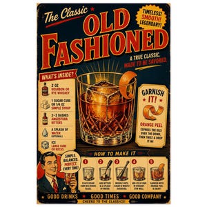 Op de afbeelding: Een poster in vintage-stijl met de titel The Classic Old Fashioned met een cocktailrecept. Het toont een glas met amberkleurige vloeistof, ijs en een sinaasappelschil, samen met ingrediëntenlijsten, een bereidingswijze in vijf stappen en een man.