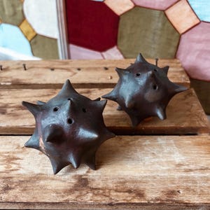 Könnte beinhalten: Zwei dunkelbraune, stachelige Dekorationsgegenstände, möglicherweise Salz- und Pfefferstreuer, liegen auf einer rustikalen Holzoberfläche. Die Objekte haben eine kugelförmige Form mit zahlreichen spitzen Vorsprüngen. Der Hintergrund zeigt ein farbenfrohes Patchwork-Design.