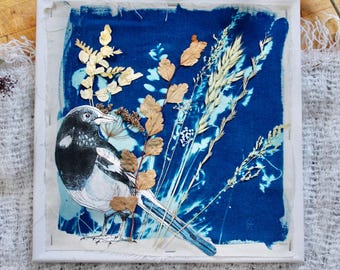 Collage of an Magpie on Cyanotype
