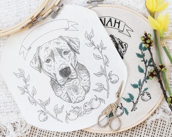 Vorgedrucktes Fadenmalerei Muster auf Vlies // Pet Portrait Embroidery, Stickvorlage Labrador-Portrait, Haustier-Portrait, Stickvlies