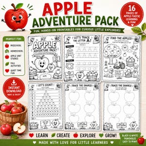 Puede incluir: Un set educativo imprimible Apple Adventure Pack con 16 páginas de actividades en blanco y negro para niños. Incluye ejercicios de trazo de letras, conteo de manzanas y formas, decorado con personajes de manzanas de dibujos animados.