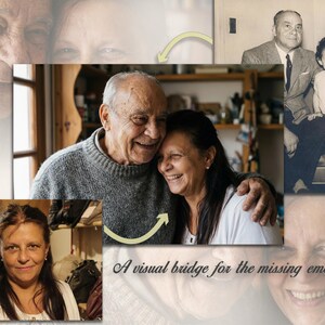 Puede incluir: Imagen compuesta que muestra a una pareja de ancianos sonriendo y abrazándose, con fotos adicionales de la pareja y la familia. El texto "A visual bridge for the missing embrace" está superpuesto.