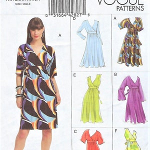 May include: Vogue Patterns V8575 sewing pattern envelope featuring a wrap dress design with various sleeve lengths and skirt styles. The front shows a model in a black, blue, orange, and purple patterned dress, with illustrations of six variations labeled A through F.