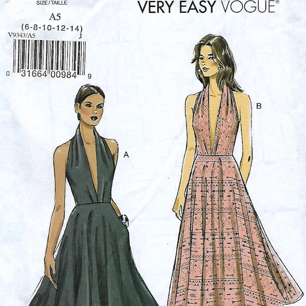 Vogue Very Easy Pattern V9343 Misses’ Plunge Neckline Halter Dress~Misses Sz 6-14 ~Uncut F Folds