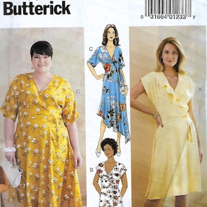 May include: A sewing pattern for a wrap dress with three different styles. The pattern is for sizes 8-10-12-14-16. The pattern is from Butterick and has the number B6675.