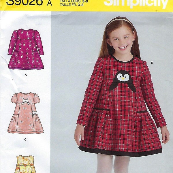 Simplicity Pattern #9026~Children's Animal Applique Pocket Dress~Child Sz 3-8~Uncut F Folds
