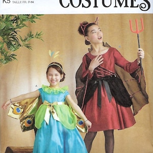 May include: Simplicity sewing pattern for children's costumes. The pattern includes instructions for making a butterfly costume and a devil costume. The butterfly costume is blue and green with gold wings. The devil costume is red with black accents and a pitchfork.