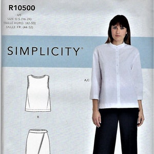May include: Simplicity sewing pattern R10500. The pattern includes a white blouse with a mandarin collar and black wide-leg pants. The pattern also shows a sleeveless top and a wrap skirt. The size is U.S. 16-24.