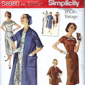 May include: Simplicity sewing pattern S8980 H5 for 1950s vintage clothing. The envelope features illustrations of dresses and coats in blue and brown, with size information for U.S. 6-14. Includes text: Simplicity, S8980, 1950s Vintage, Since 1927.